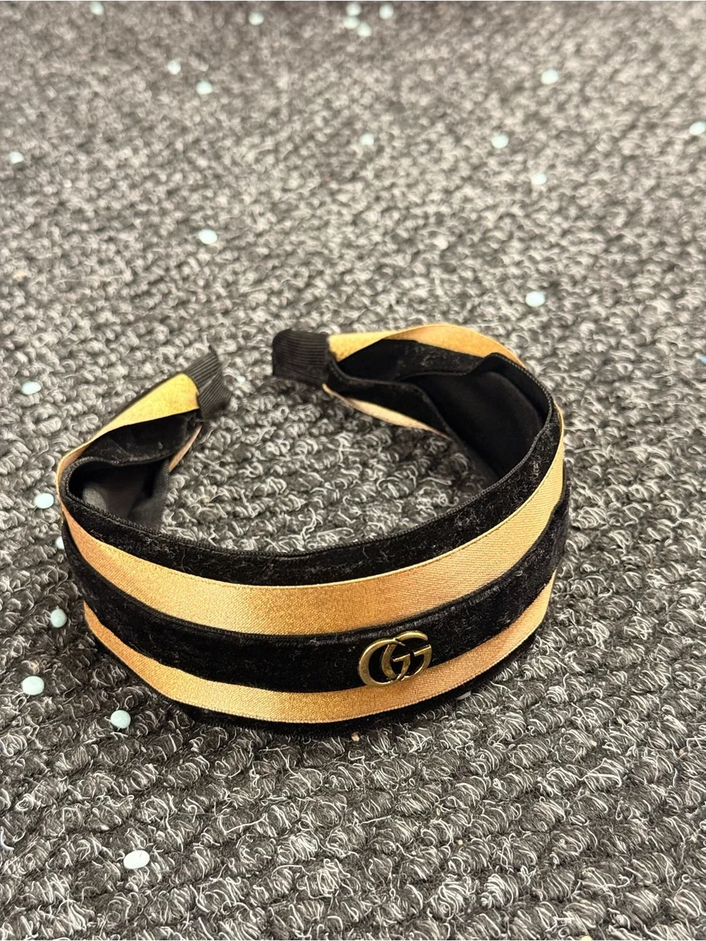 Black and Gold Striped Velvet Headband with Double G Accent